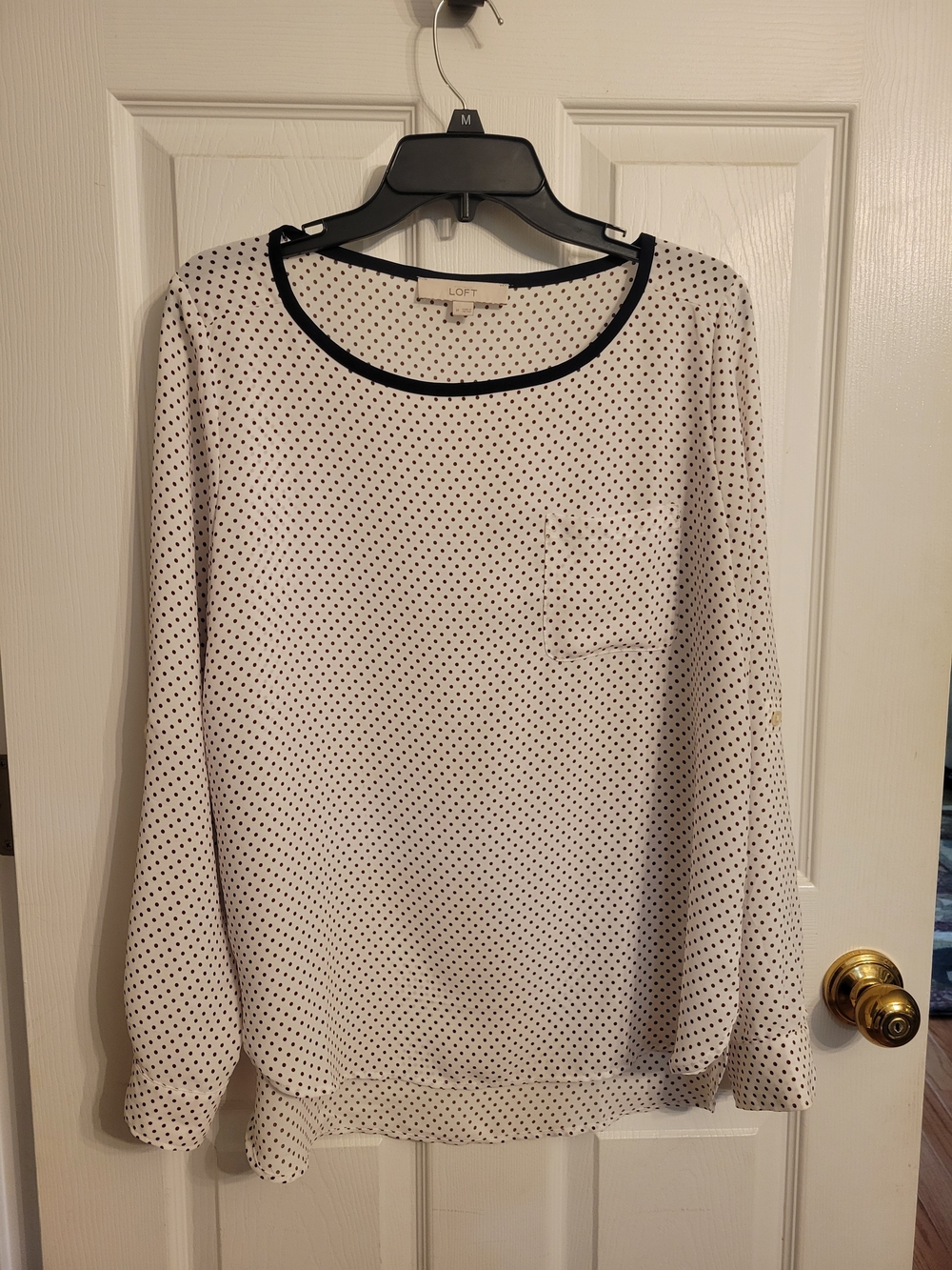 LOFT White Blouse with Burgundy Polka Dots and Black Trim